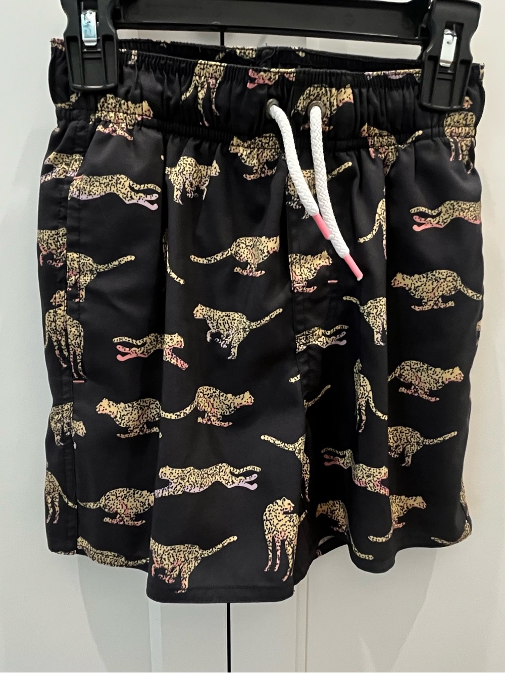 First Wave Kids Swim Trunks Black with Yellow Leopard Print and Pink Accents